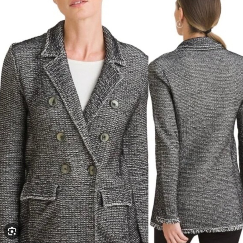 Chicos Metallic Black White Tweed Style Double Breasted Knit Fringe Blazer NEW